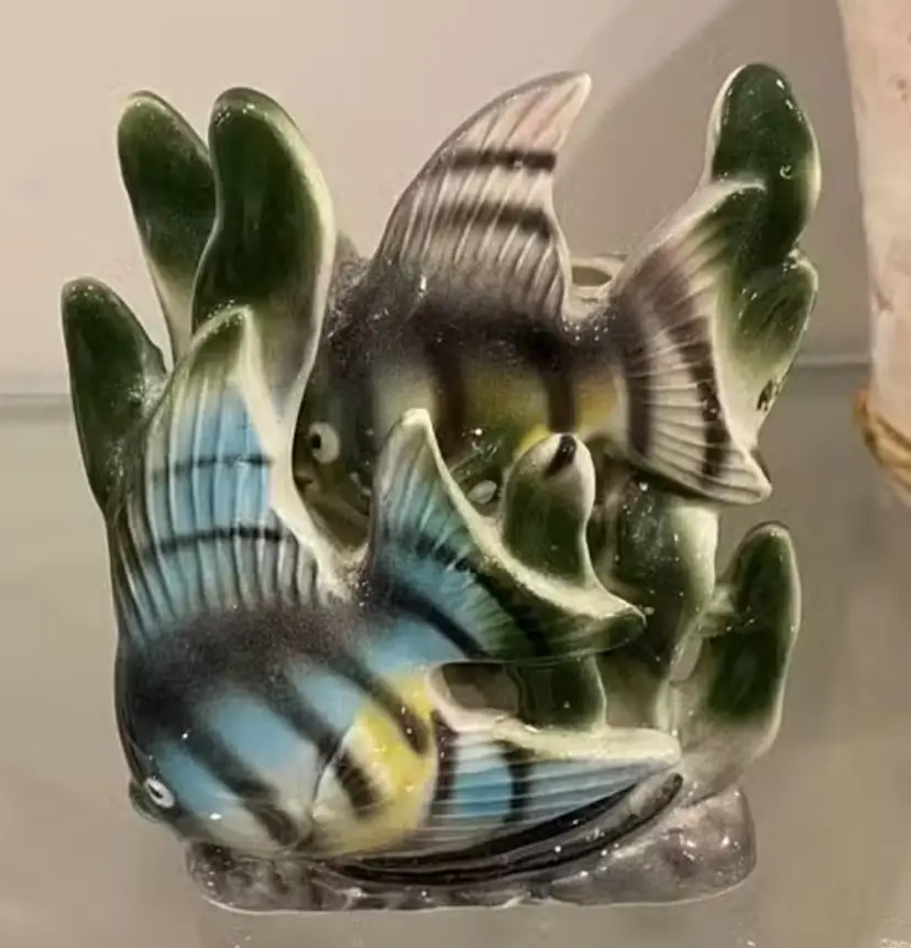 Vintage Wall Pocket with Two Angelfish Swimming Amongst Seaweed