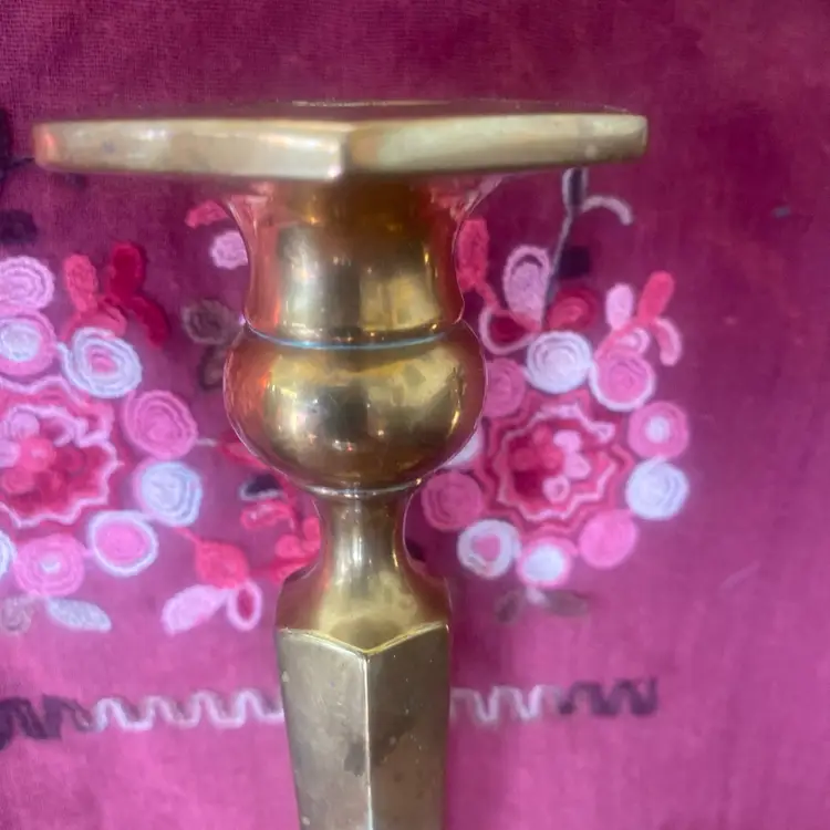 Vintage Deco Style Brass Hexagonal Features Candlesticks(2)