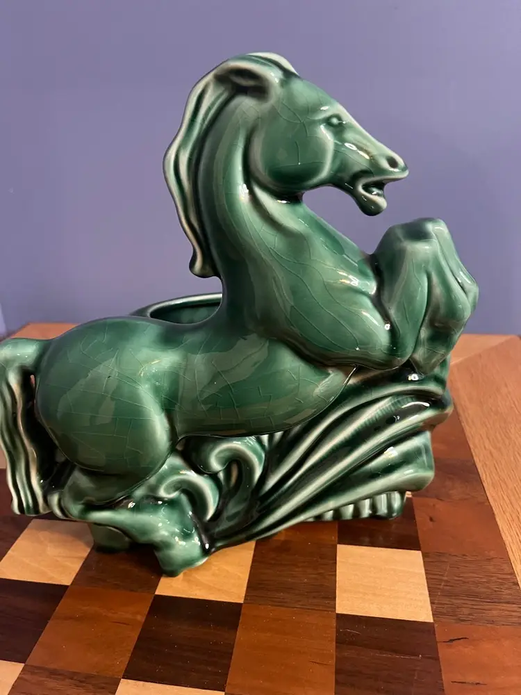 Mid-century ceramic leaping horse planter with jade green glaze. 1940-1960 Made In Japan