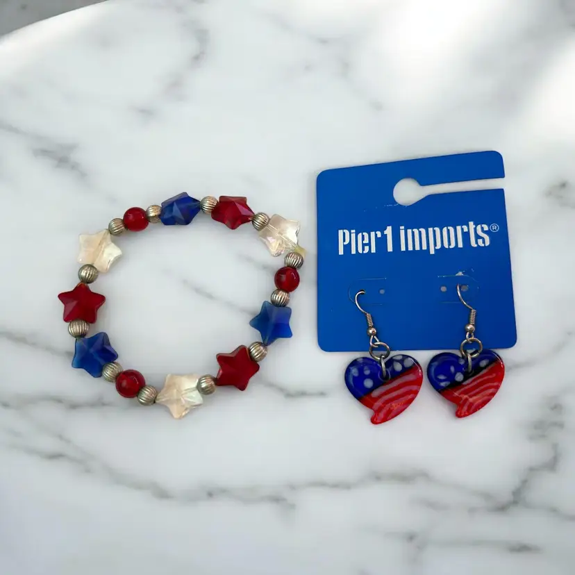 Pier 1 Imports Glass Earrings US Flag Hearts & Red White Blue Stretch Bracelet