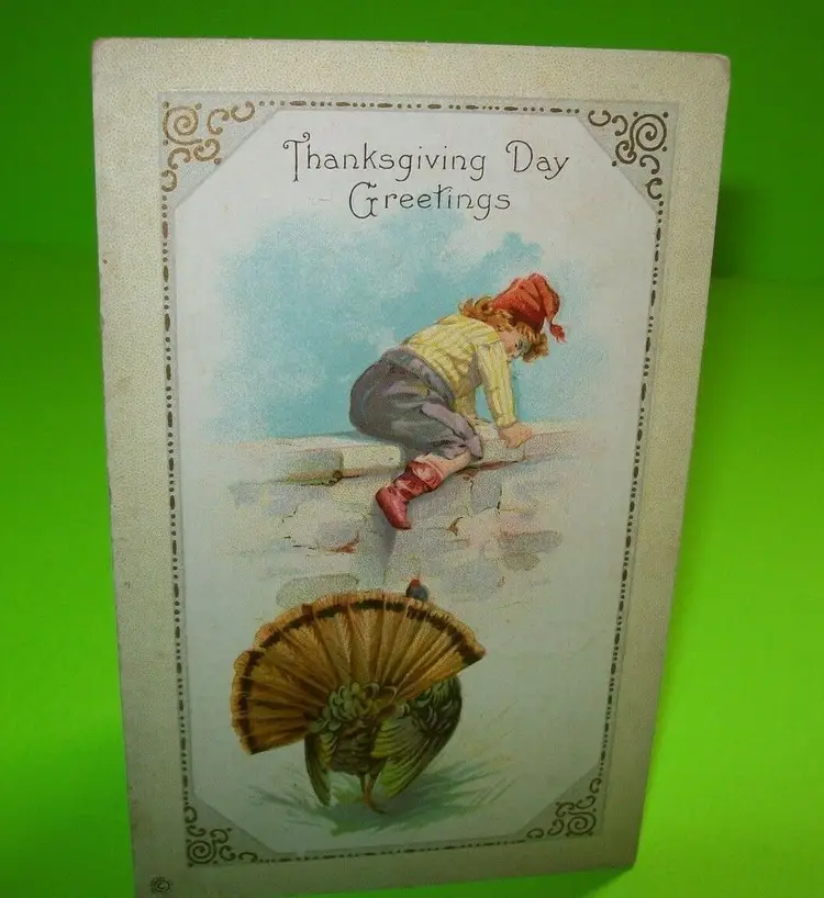 Thanksgiving Postcard Stecher Vintage Embossed Art Series 455 C Boy Climbs Wall