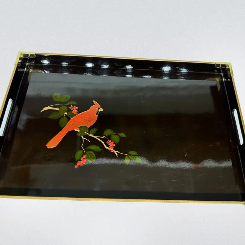 Otagiri Japan lacquerware BARWARE Black Serving Tray Red Cardinal On A Branch. Please Read!