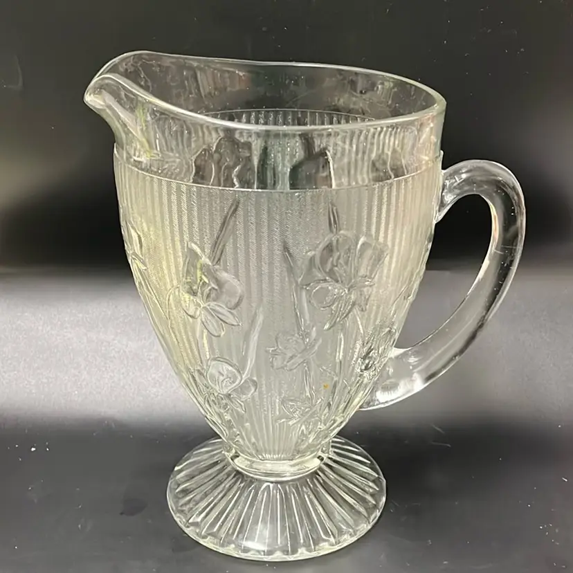 Vintage Jeannette Glass Pitcher- "Iris and Herringbone" Depression Glass- 9” Tall