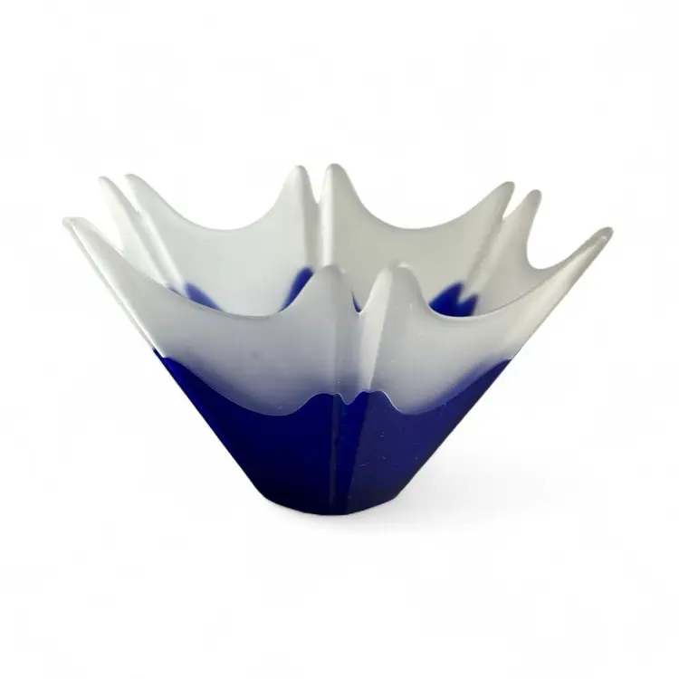 Vintage Cobalt Blue White Frosted Glass Candle Holder For Tealight Or Trinket Dish