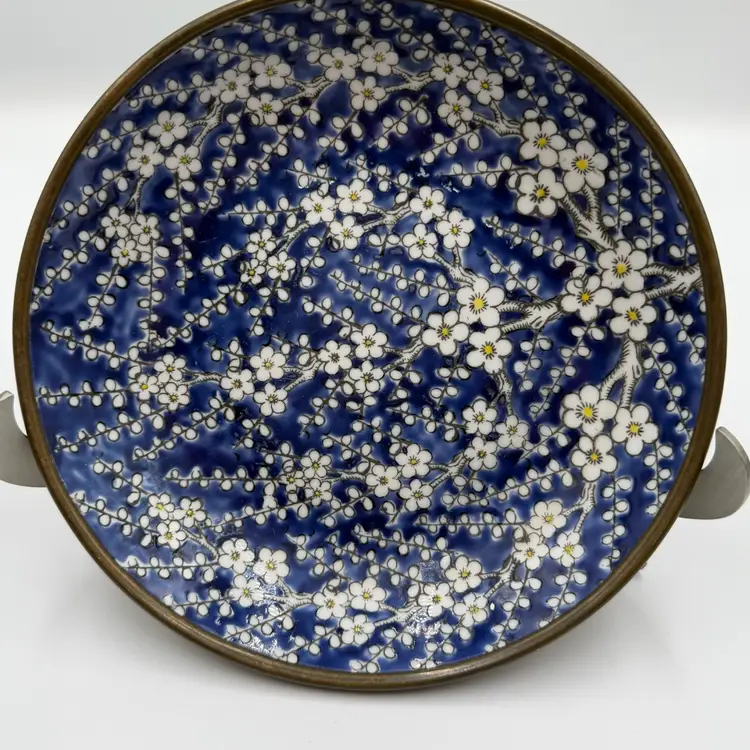 Japanese Porcelain Pewter Bowl Vintage Cobalt Blue