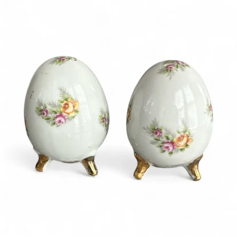 Vintage Enesco Yellow And Pink Rose Egg Shaped Salt And Pepper Shakers