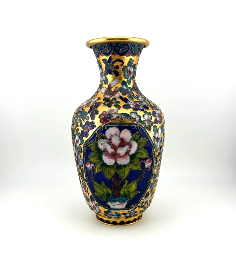 Vintage Brass Floral Cloisonné Vase 4”x 7”