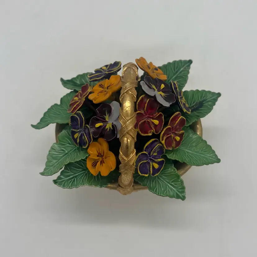 Vintage Jane Hutcheson For Gorham Pansy Flower Basket Enamel On Metal