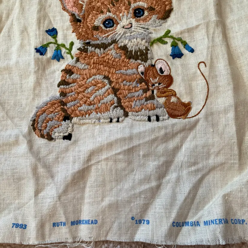 Columbia-Minerva Ruth Morehead "Kitten and Mouse" Crewel This Is A Finished Crewel