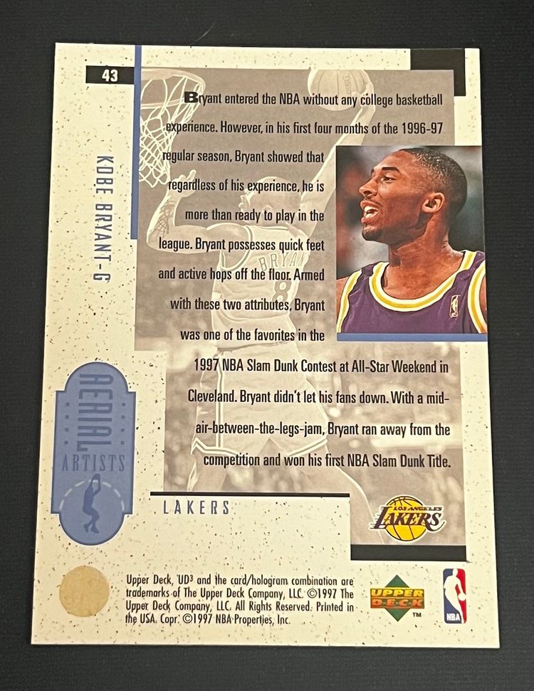 Kobe Bryant 1996-97 Upper Deck UD3 Aerial Artists #43 Rookie RC Los Angeles Lakers