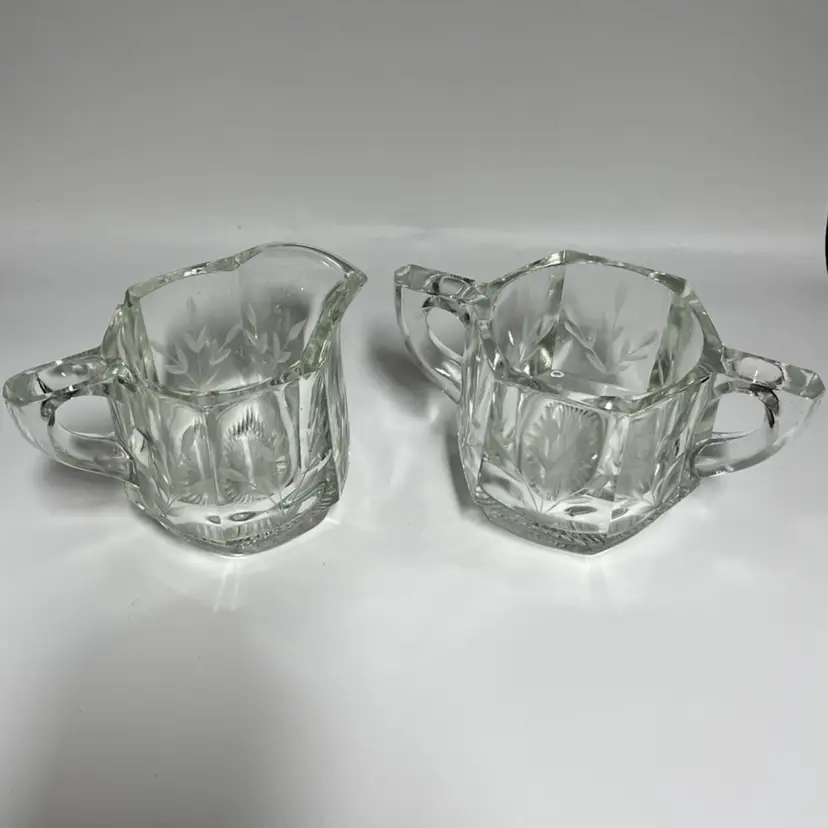 EAPG Cream & Sugar- Hexagon Panels- Etched Leaves- Creamer 4.75” W, 3.25” H- Sugar 5.5” W, 3”H