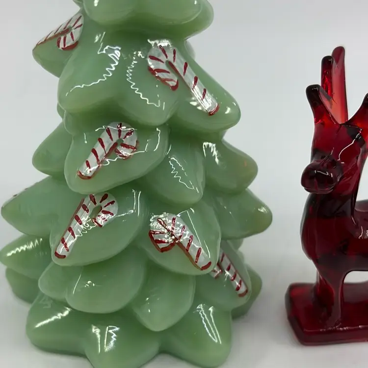 05 Jadeite Candy Cane Painted 5.5”
Tree & Ruby Red Amberina Deer 3.75” ~ Mosser Glass