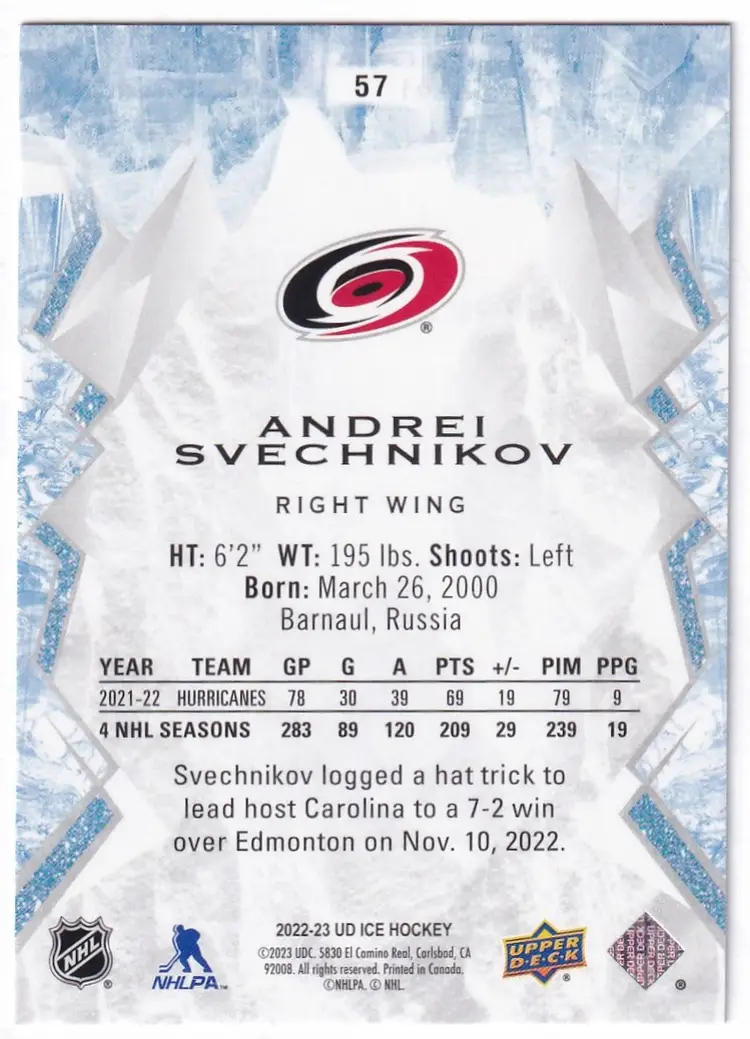 2022-23 Upper Deck Ice Green #57 Andrei Svechnikov Carolina Hurricanes Hockey Card