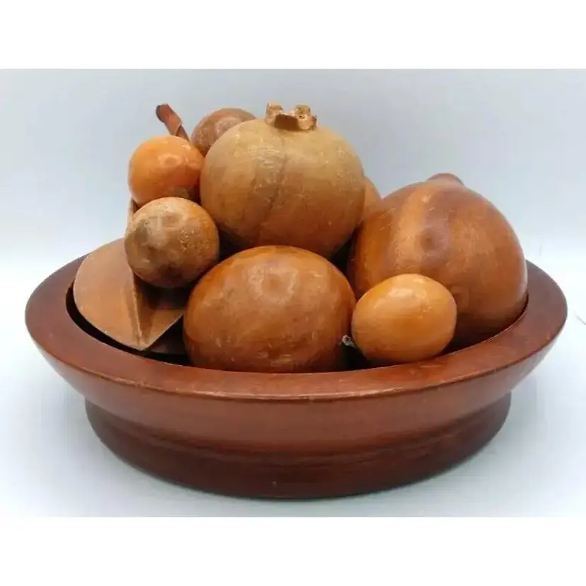 Vintage Wood Fruit Bowl & Set of 10 Carved Wooden Fruits - MCM