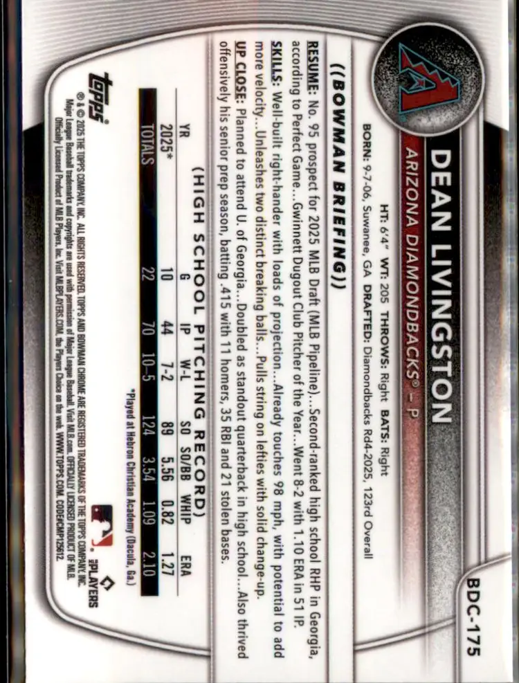 2025 Bowman Draft #BDC-175 Dean Livingston Chrome - (138) - Arizona Diamondbacks