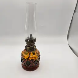 Vintage oil lamp 8.5" amber colorful base made in Hong Kong Glass