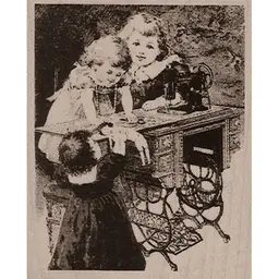 Wood Mounted - Children Sewing Rubber Stamp - Artist Trading Card Size - Old Sewing Machine Ad
