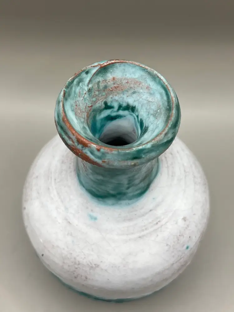 Green And White Terracotta Pottery Vase Signed 5”