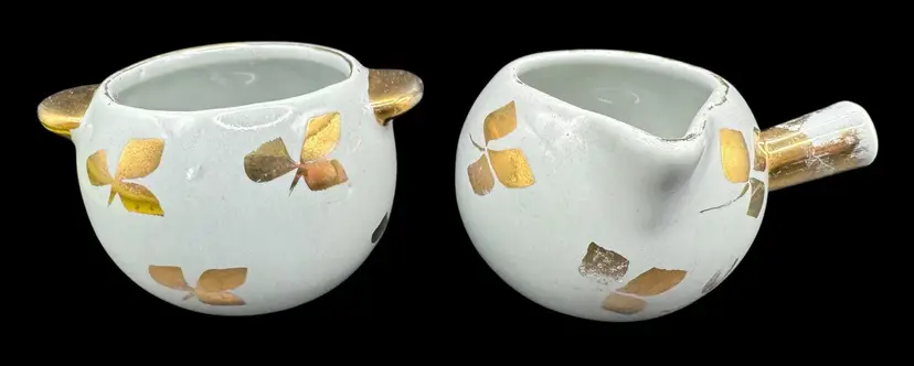 Vintage La Pere USA Pottery Ceramic Miniature Creamer Sugar Set Gold Set