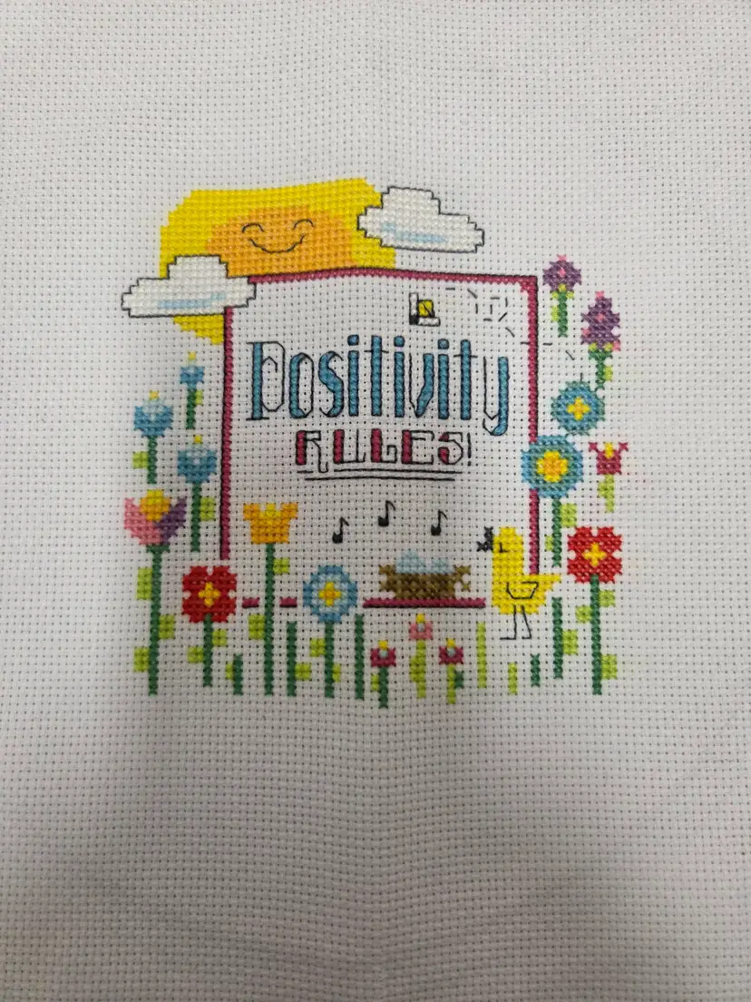 New "Positivity Rules" Finished Cross-stitched Piece With Embroidery Hoop