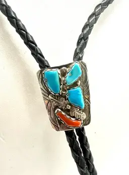 Sterling SIGNED Turquoise Bolo Tie, Black Leather Tie with silver Tips, ZUNI B and N Nastacio