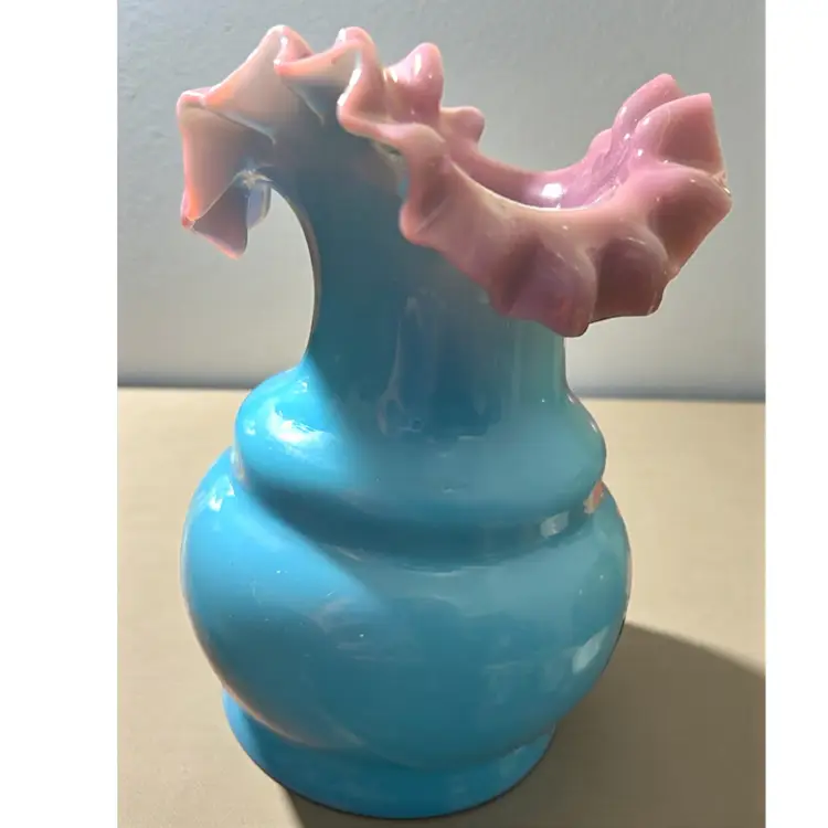 Antique Bohemian Turquoise Lilac Cased Ruffled Hand Blown Milk Glass Vase 5.25” x 3.75”