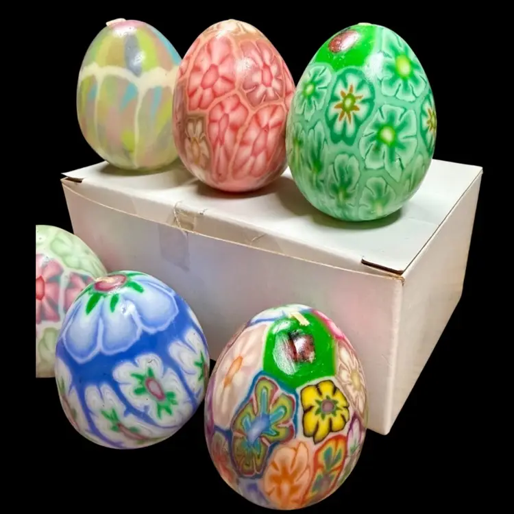 Lot Of SIX Vintage Millifiori Style Egg Shaped Candles, UNUSED, Easter Spring