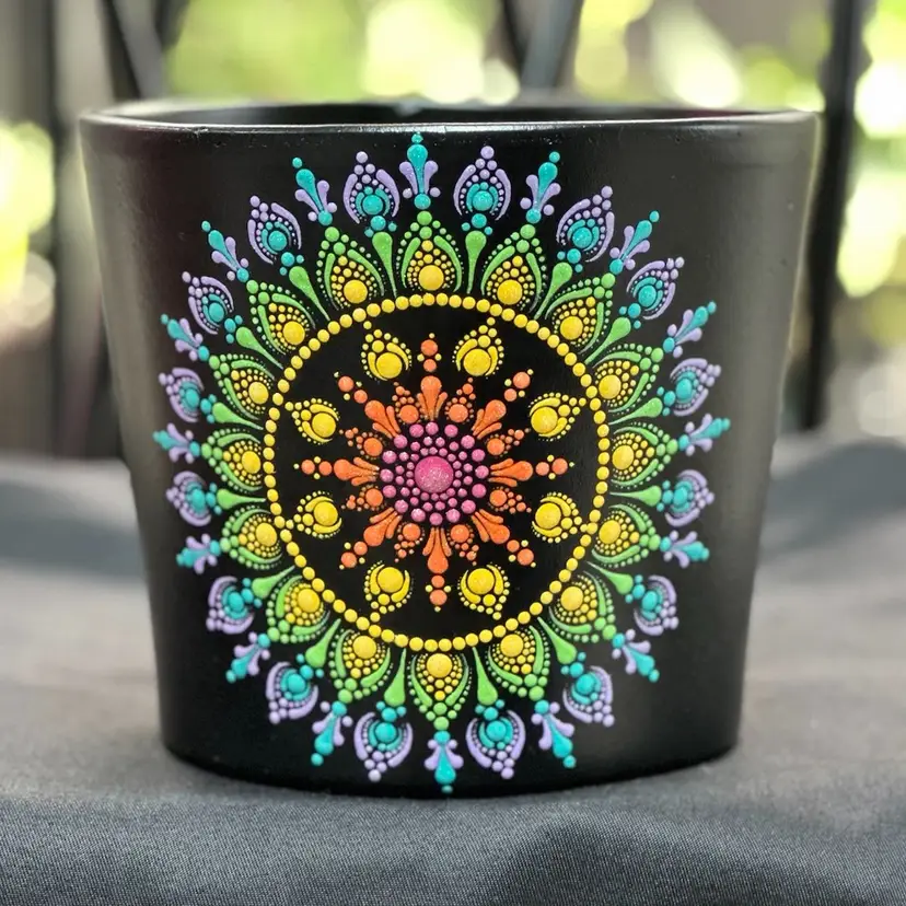 6.7 inch hand painted pot black with neon rainbow