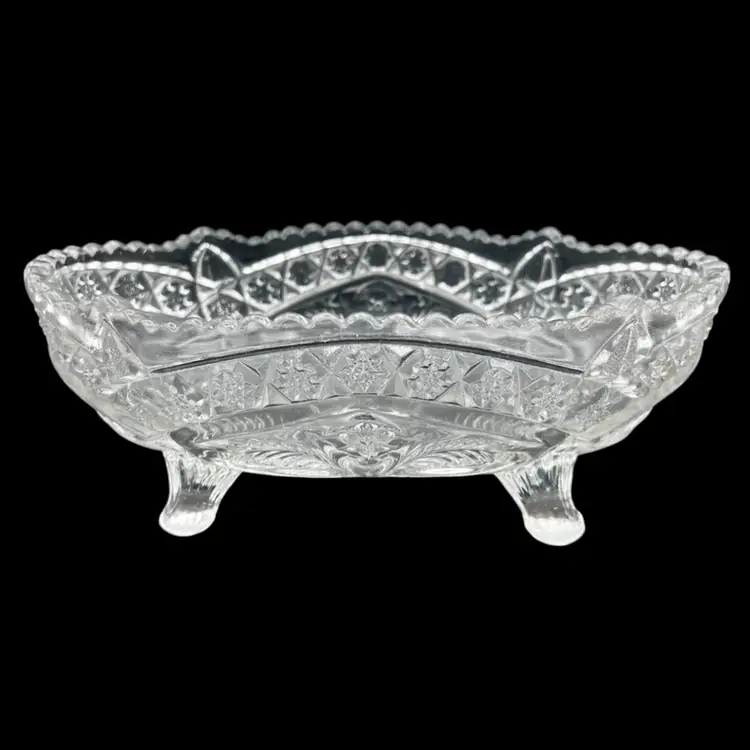 #340B Antique EAPG Indiana Glass Gaelic Pattern 4-Toed Footed Oblong Oval Serving Bowl with UV Uranium Glow