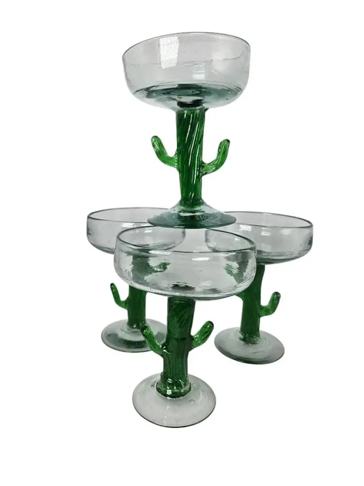 Set Of 4 Margarita Glasses, Hand Blown, Mexican Cactus Stem, New Years Eve Fun