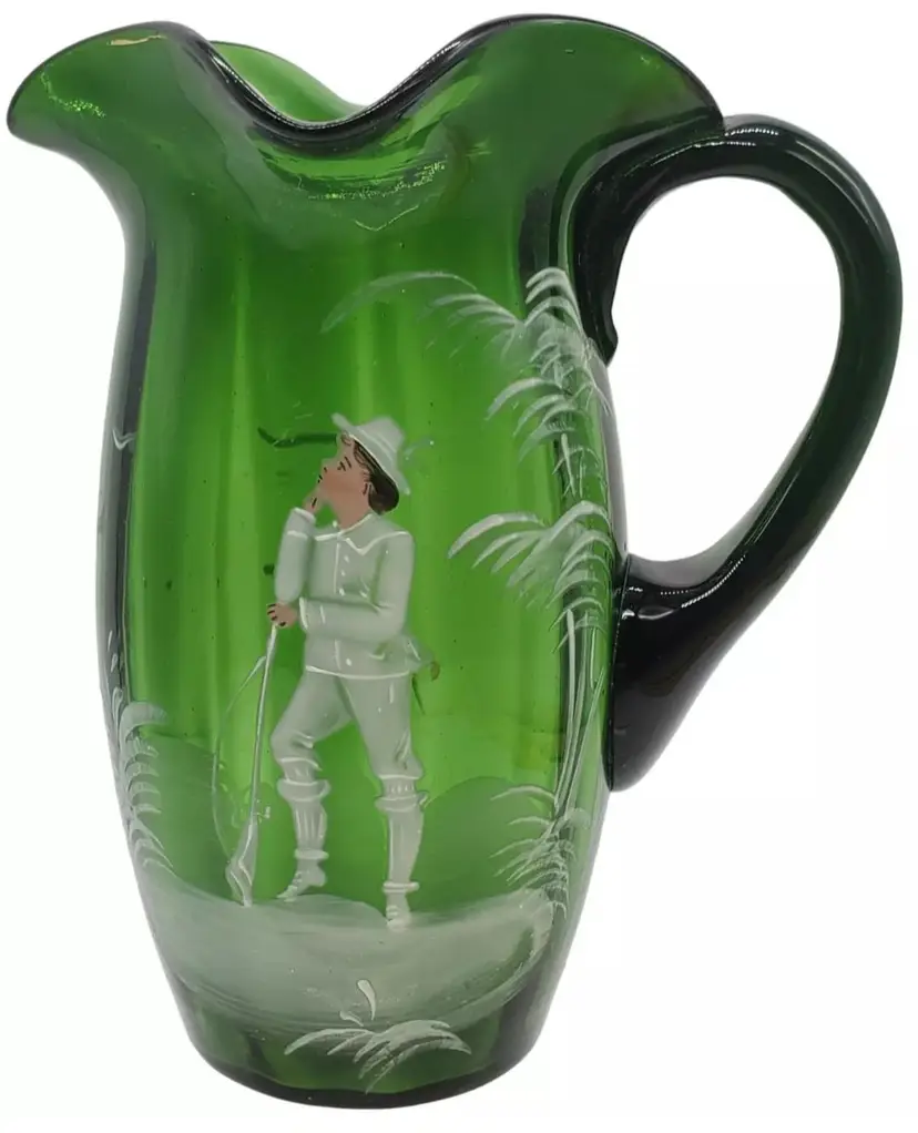 Early Mary Gregory Green Hand Enameled Pitcher Hunting Scene Snapped Pontil