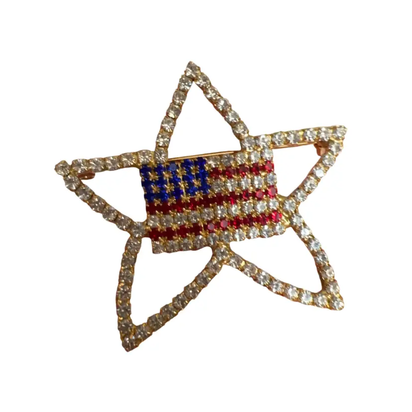 Vintage Flag Rhinestone Star Brooch 2.5”