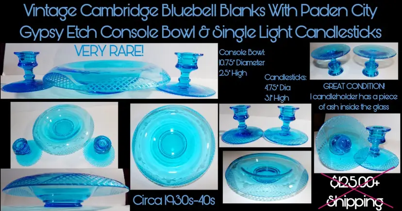 Vintage Cambridge Bluebell 'Blanks' With Paden City 'Gypsy Etch' Console Bowl and Matching Candle Holders