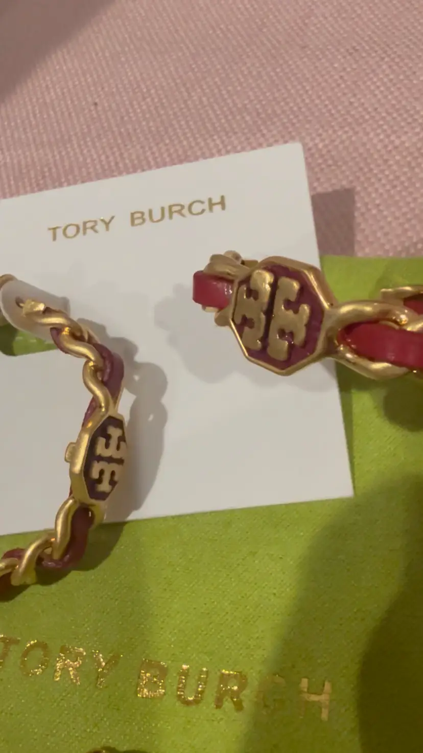 Tory Burch Gold Tone Leather Chain Hoops