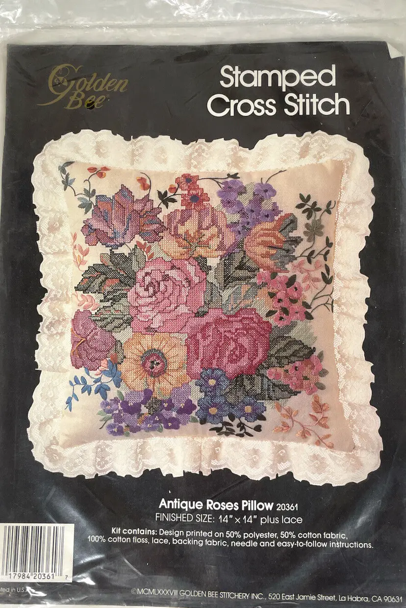 Cross Stitch Kit Pillow Antique Roses  with Lace  Pink Purple NEW Granny Core