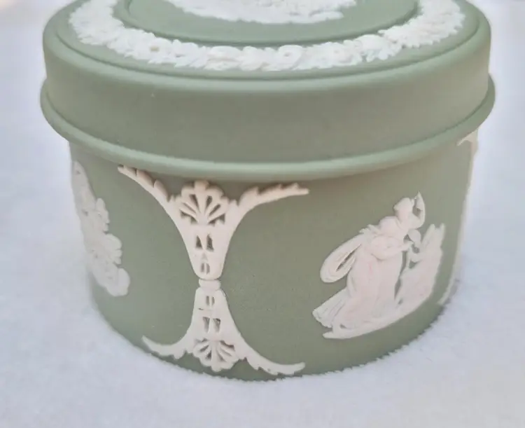 Vintage Wedgwood Sage Green Jasperware Aurora Chariot Round Trinket Jewelry Box