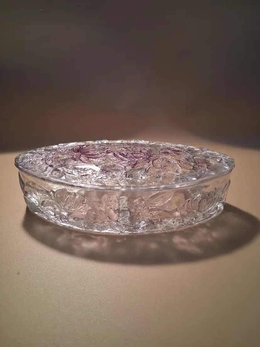 Vintage Art Deco 1931, Very Rare, Consolidated Glass, Stained Pond Lily (& Dragonflies) Oval Divided Candy Box 2591