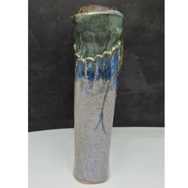 Studio Pottery Vase Blue Green Purple 8.25" Tall, Signed