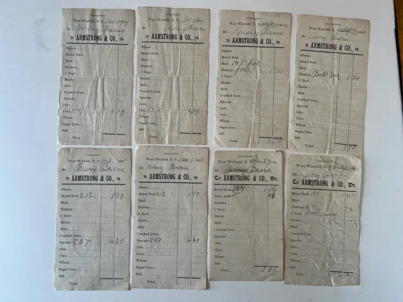 Antique General Store Receipts. 1900 Armstrong Mercantile Feed Store Ephemera. West Winfield NY