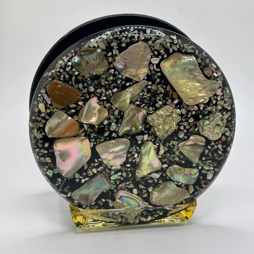 Vintage Black Lucite Abalone Shells Napkin Holder Beach Decor 6”