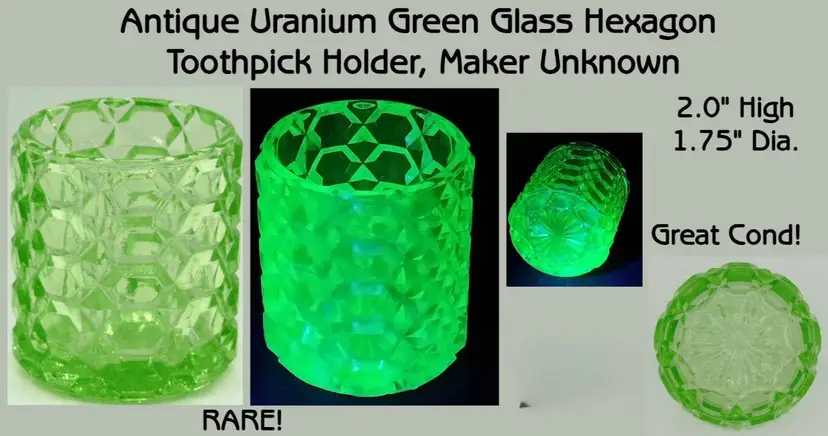 Vintage RARE Uranium Glass  Hexagon Pattern Toothpick Holder