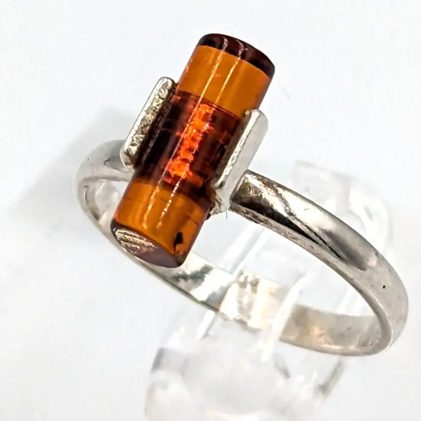 Baltic Amber Sterling Silver Ring Cylindric Stone Geometrical Modernist Design