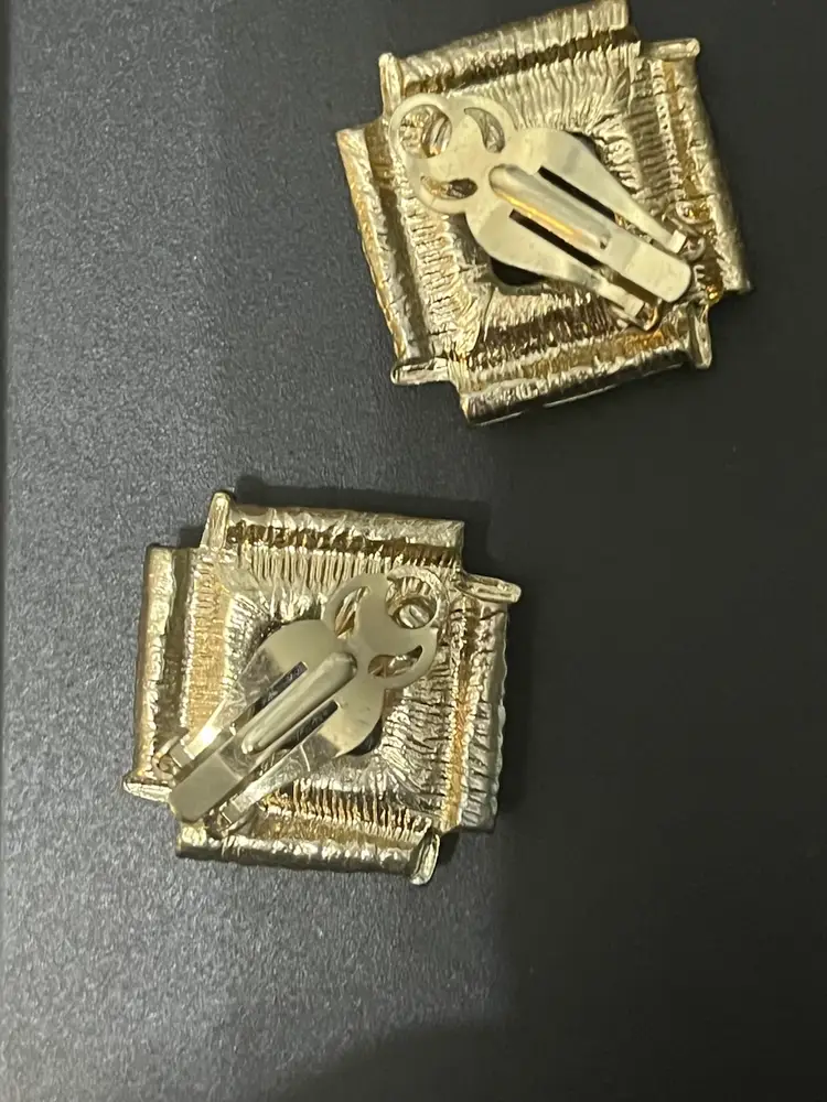 Vintage Goldtone Rhinestone Black Square Clip On Earrings