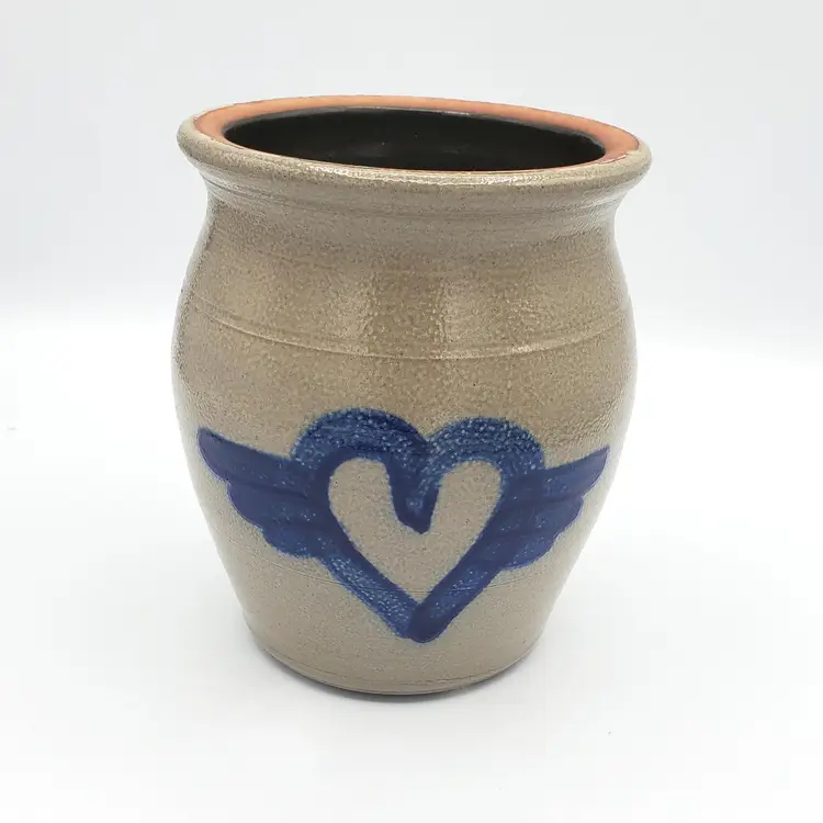 #089 Vintage Beaumont Brothers Pottery Stoneware Salt Glazed Crock with Blue Heart and Wings Design, BBP 5" 1995