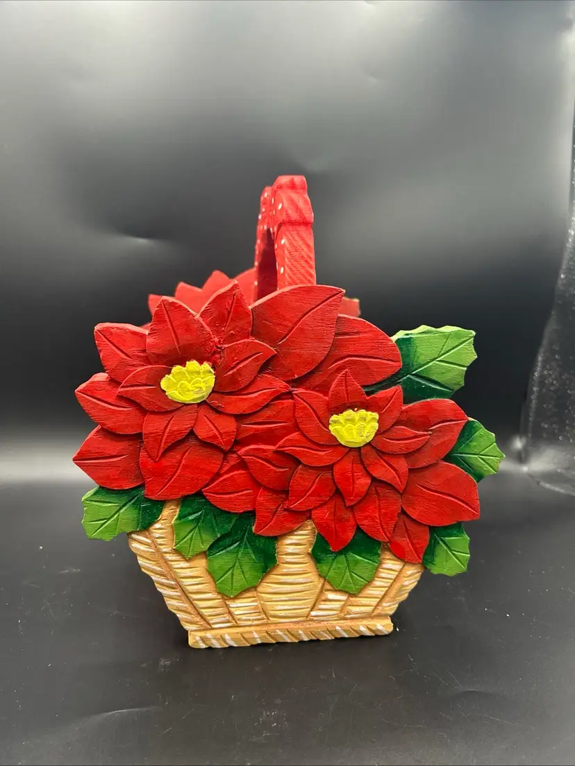 VTG CHRISTMAS HAND MADE & PAINTED WOODEN POINSETTIA BASKET RUSTIC  FOLK ART