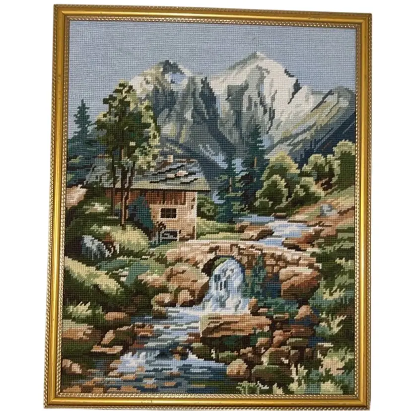 Needlepoint Mountain Scene Framed 20” x 16.5” (frame Is Gold Painted Wood) Has Hanger On Back.