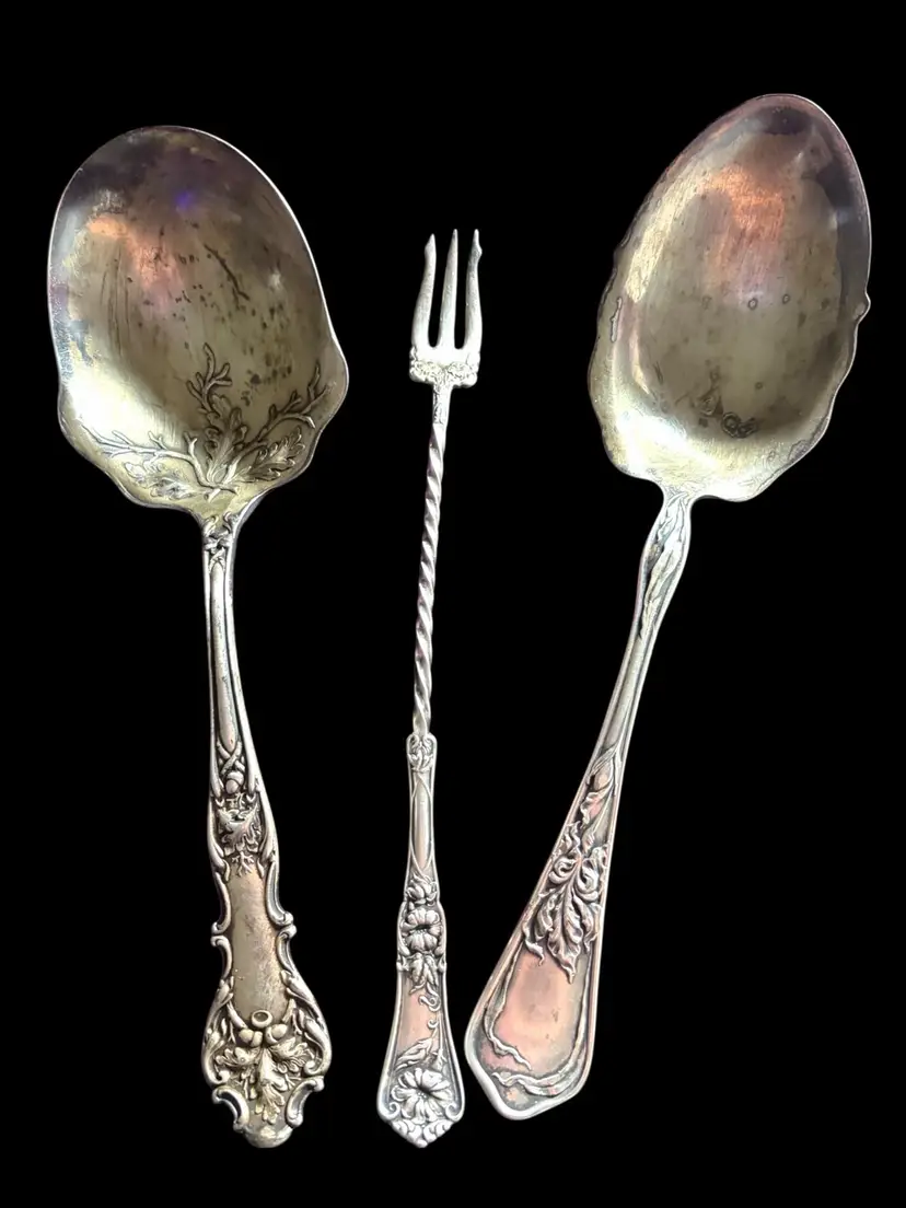 Lot Of 3 Silver Plated Antique Victorian Edwardian Serving Pieces - 2 Spoons 8.75” & 9” - 1 Pickle or Egg Fork - Do Not Match - Need Cleaning