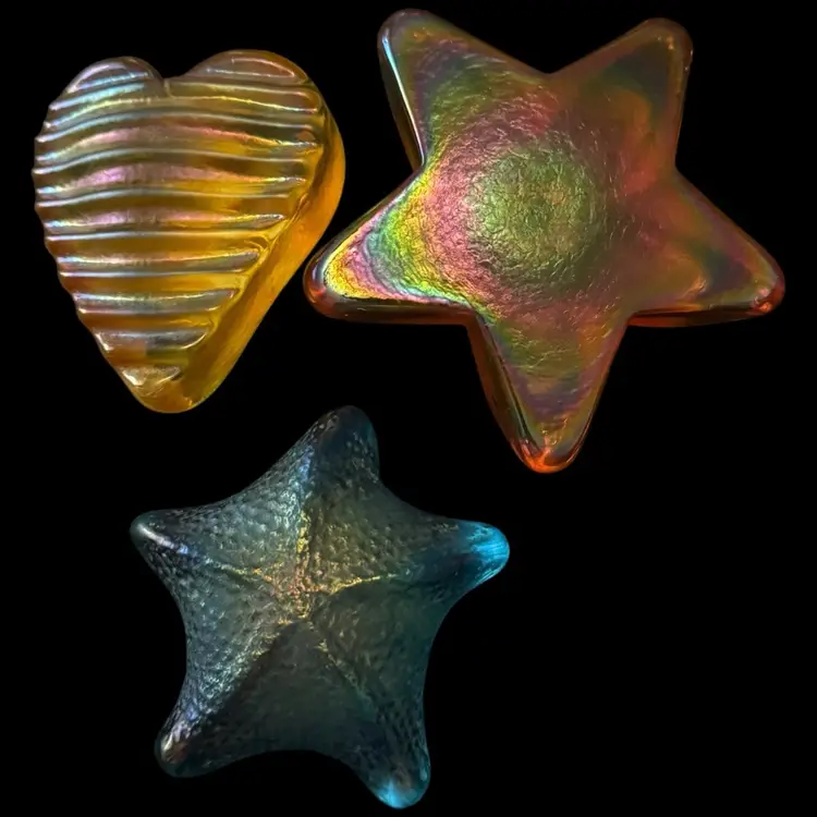 Lot 3 Robert Held Art Glass Paperweights Heart Star Starfish Iridescent 3”-4”