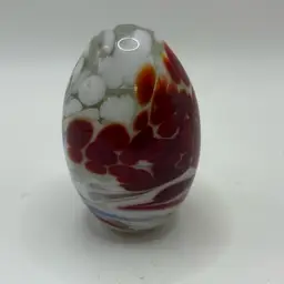 Red And White Egg Shaped Paperweight Signed On Bottom 2” X 2”