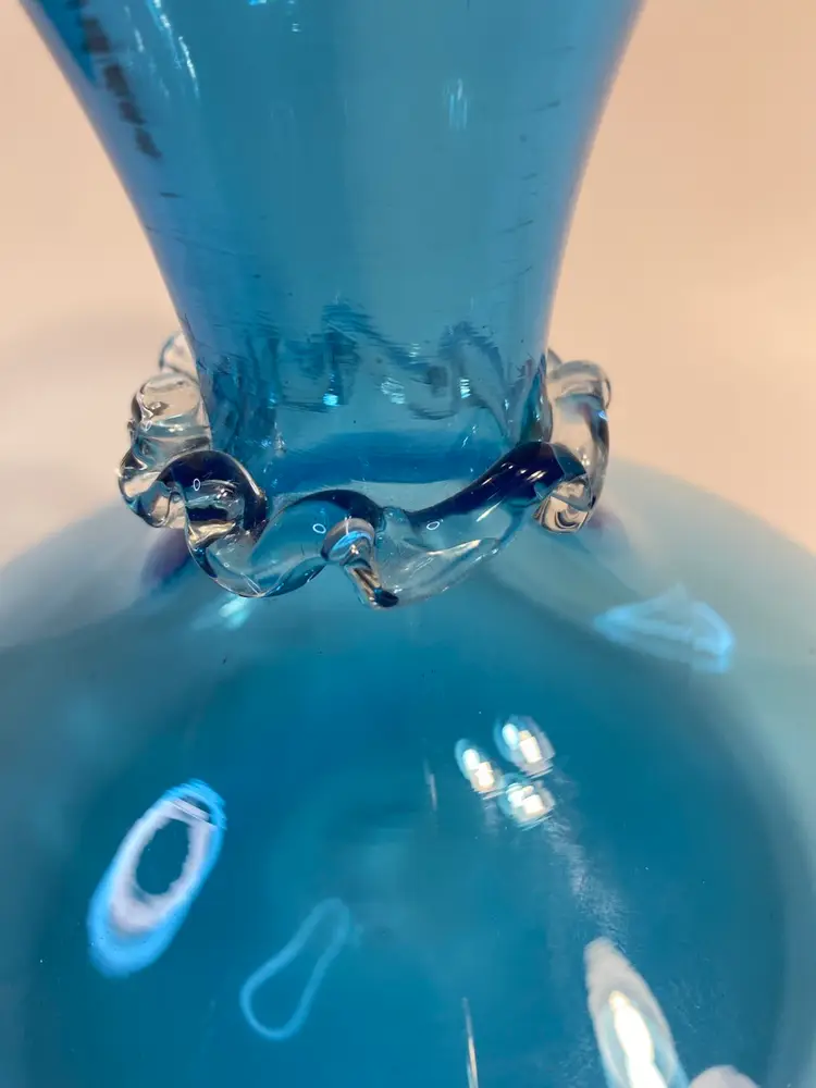 Blue Hand Blown Glass Vase With Applied Clear Glass Ribbon